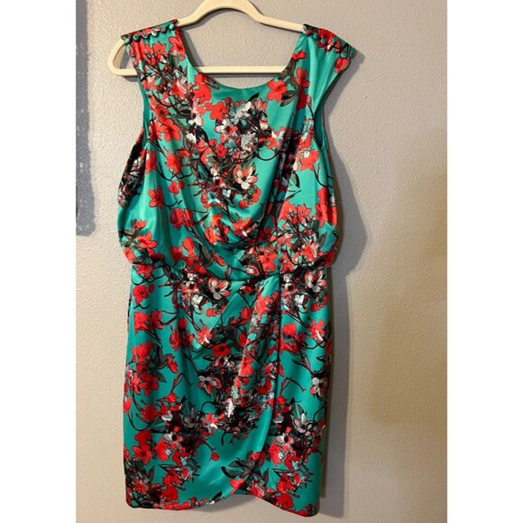 Jessica Simpson Dress 14 Green Red Cherry Blossom Silky Stretch Career Church - Picture 9 of 9